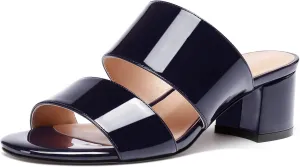 WAYDERNS Women's Slip On Open Toe Patent Chunky Low Heel Slides Two Piece Sandals 2 Inch