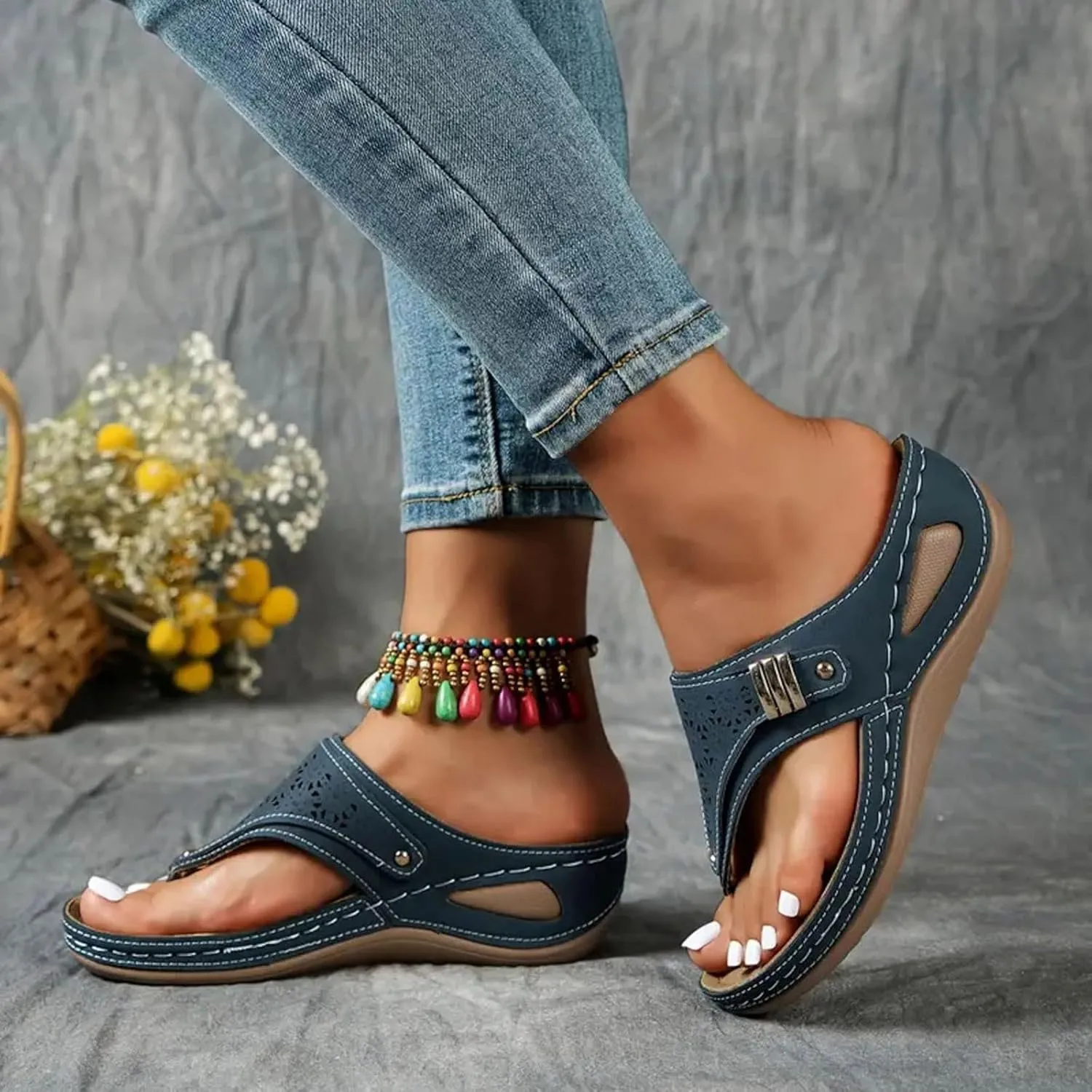 Wedges Slides Bohemia Sandals Thick Soled Wedge Heeled Women's Outdoor Thong Sandals Fashionable And Casual Open Heeled