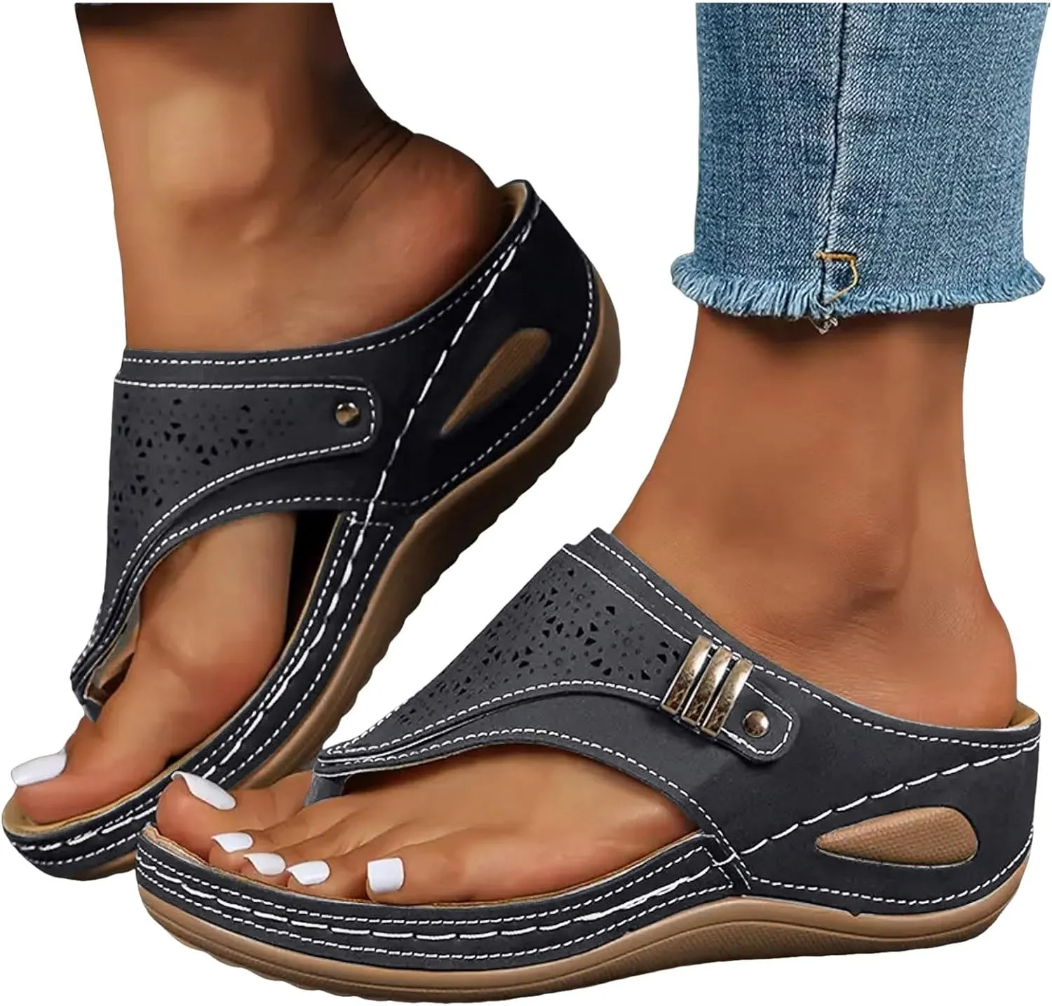 Wedges Slides Bohemia Sandals Thick Soled Wedge Heeled Women's Outdoor Thong Sandals Fashionable And Casual Open Heeled