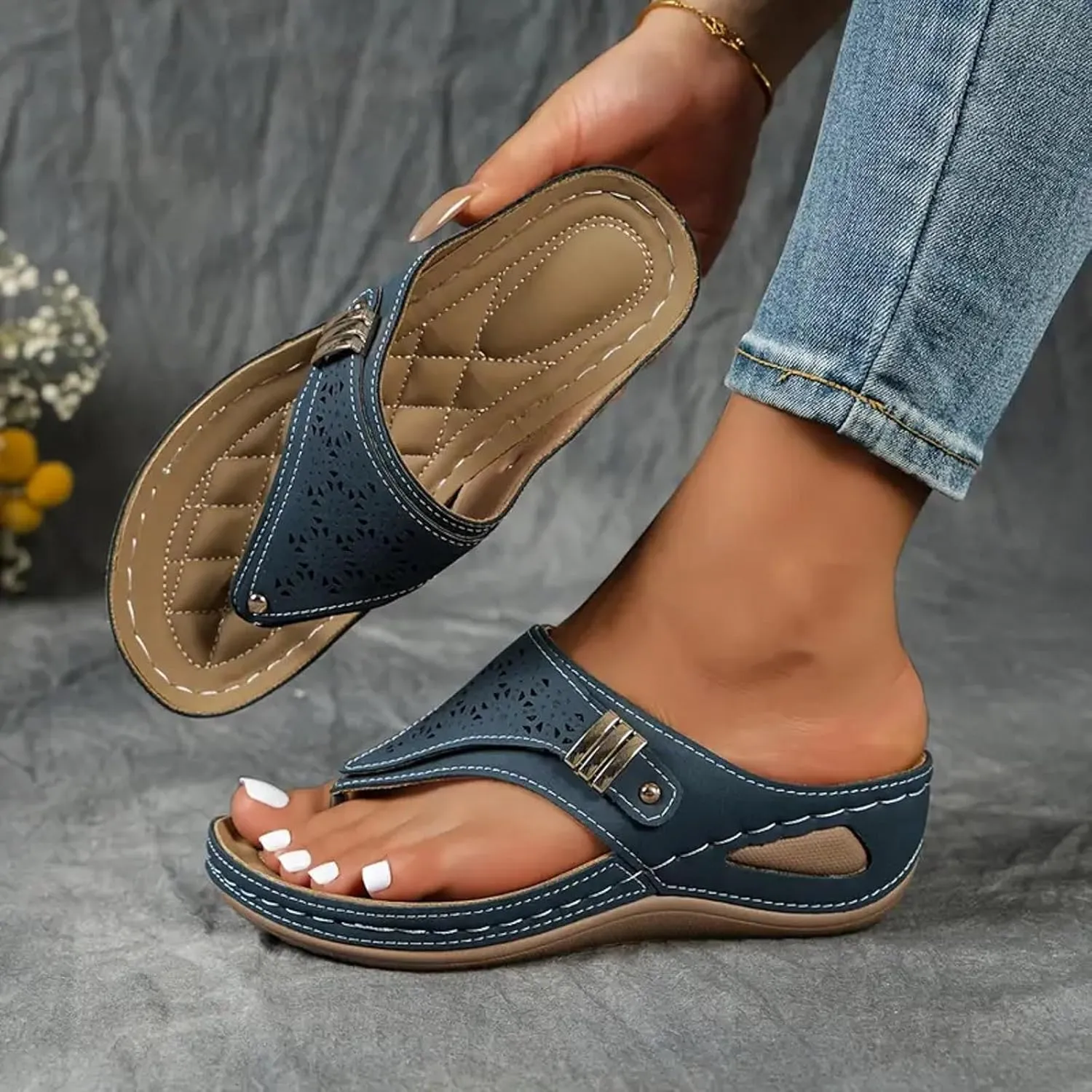 Wedges Slides Bohemia Sandals Thick Soled Wedge Heeled Women's Outdoor Thong Sandals Fashionable And Casual Open Heeled