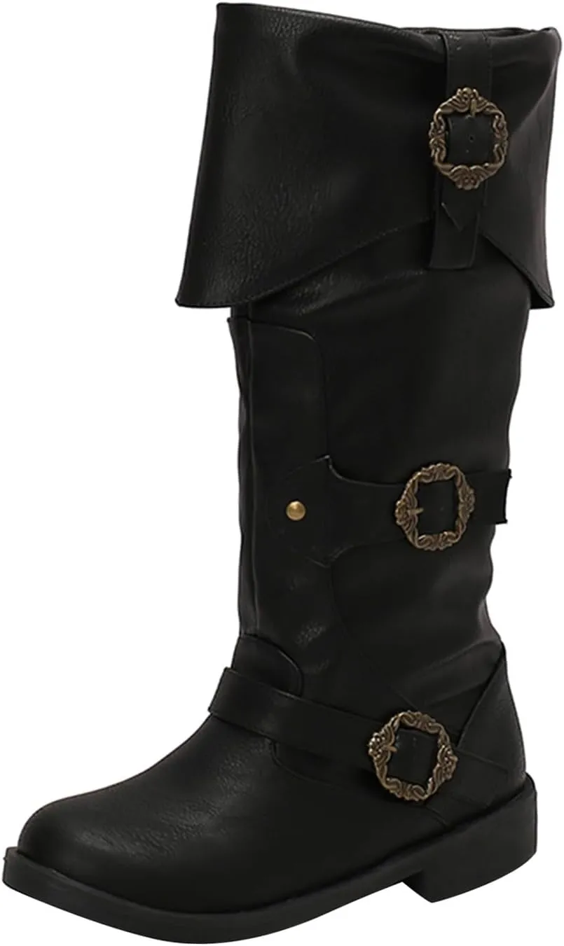 western boots women Victorian Boots for Women Men Knee High Riding Pirate Boots, Comfortable Low Chunky Heel Flat Motorcycle Buckle for Women
