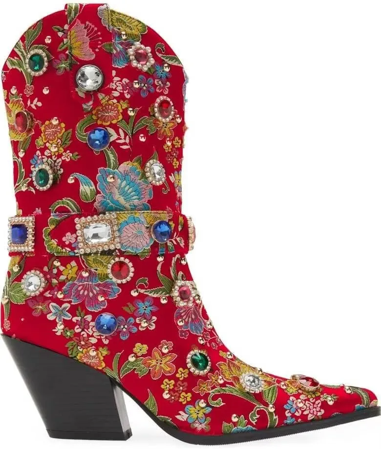Western Cowboy Boots For Women Flower Embroidered Rhinestone Mid Calf Pointed Toe Chunky Heel Cowgirl Boots
