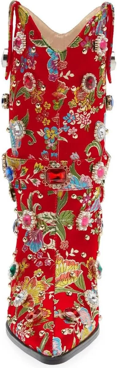 Western Cowboy Boots For Women Flower Embroidered Rhinestone Mid Calf Pointed Toe Chunky Heel Cowgirl Boots