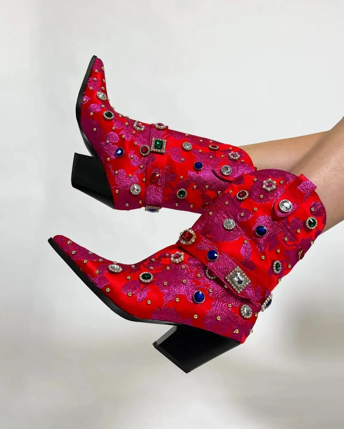 Western Cowboy Boots For Women Flower Embroidered Rhinestone Mid Calf Pointed Toe Chunky Heel Cowgirl Boots