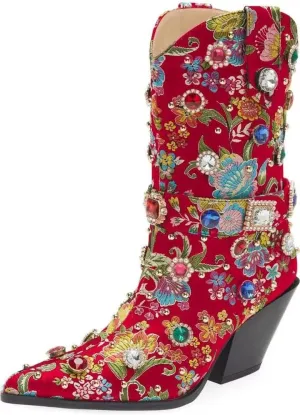 Western Cowboy Boots For Women Flower Embroidered Rhinestone Mid Calf Pointed Toe Chunky Heel Cowgirl Boots