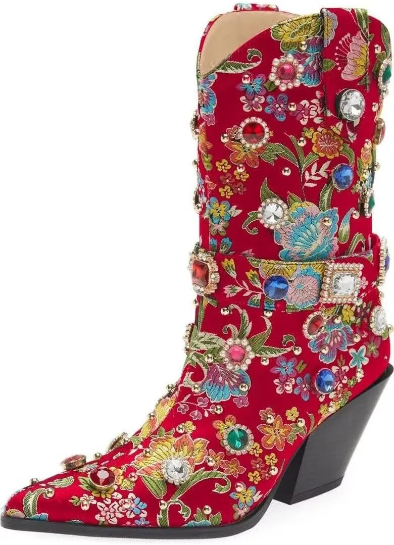 Western Cowboy Boots For Women Flower Embroidered Rhinestone Mid Calf Pointed Toe Chunky Heel Cowgirl Boots