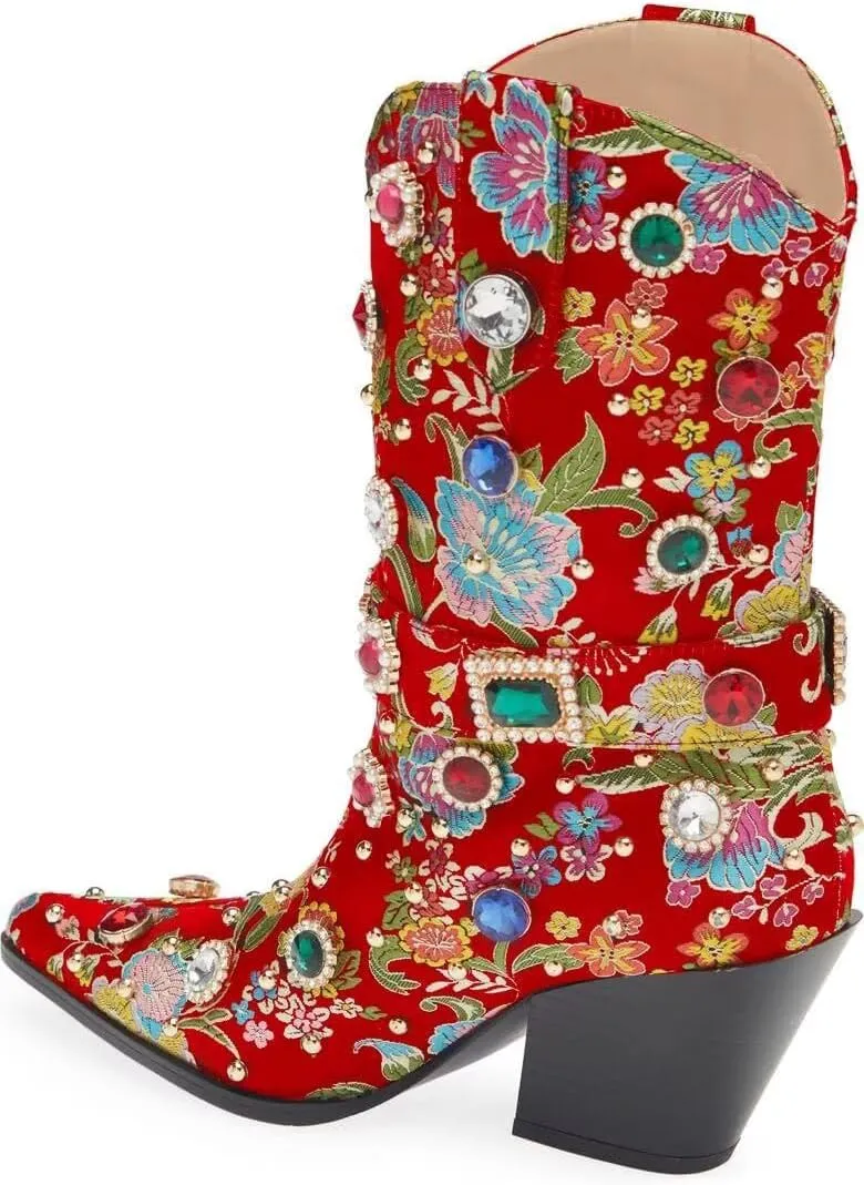 Western Cowboy Boots For Women Flower Embroidered Rhinestone Mid Calf Pointed Toe Chunky Heel Cowgirl Boots