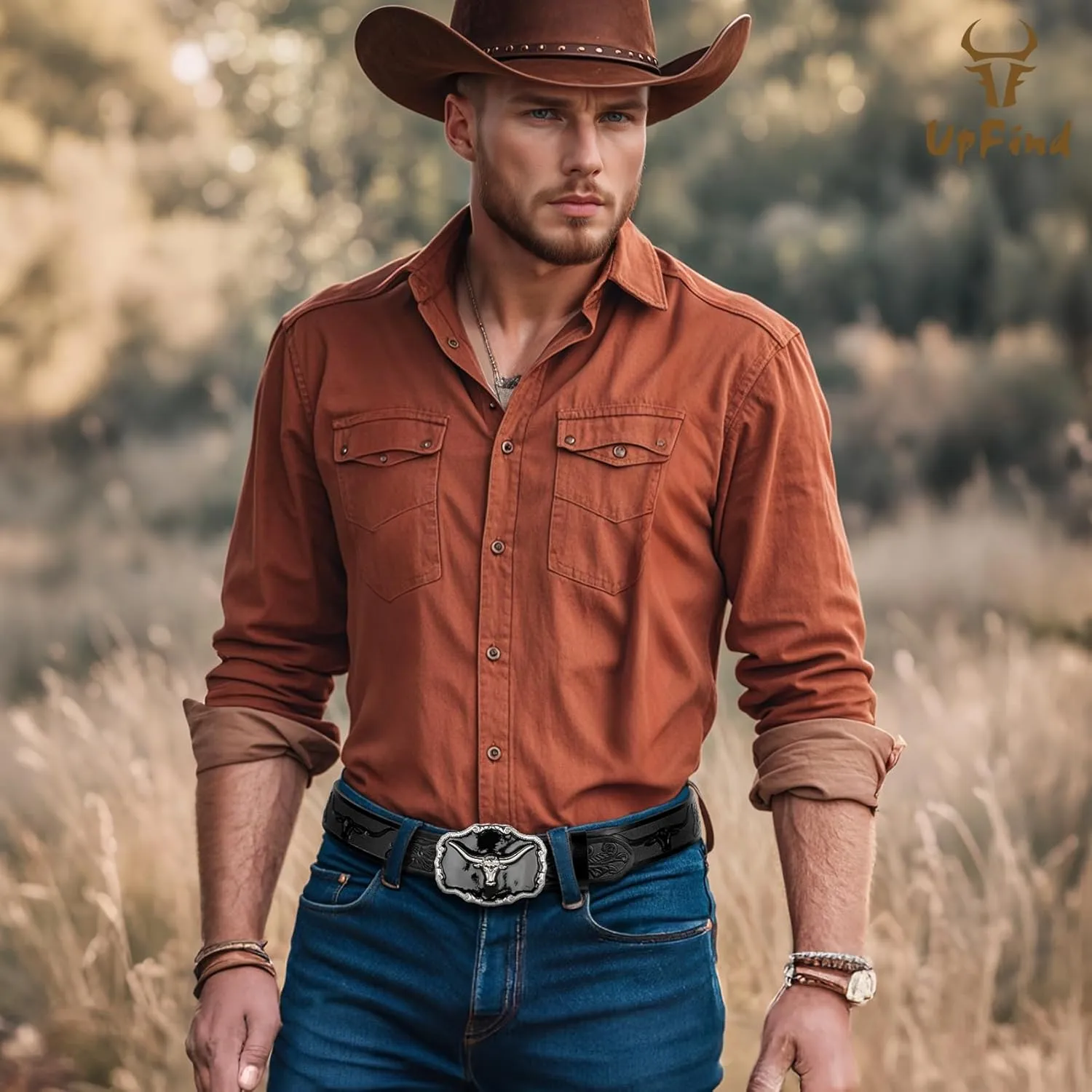 Western Leather Belt for Men Black Cowboy Buckle Belt for Jeans Vintage Country Belt