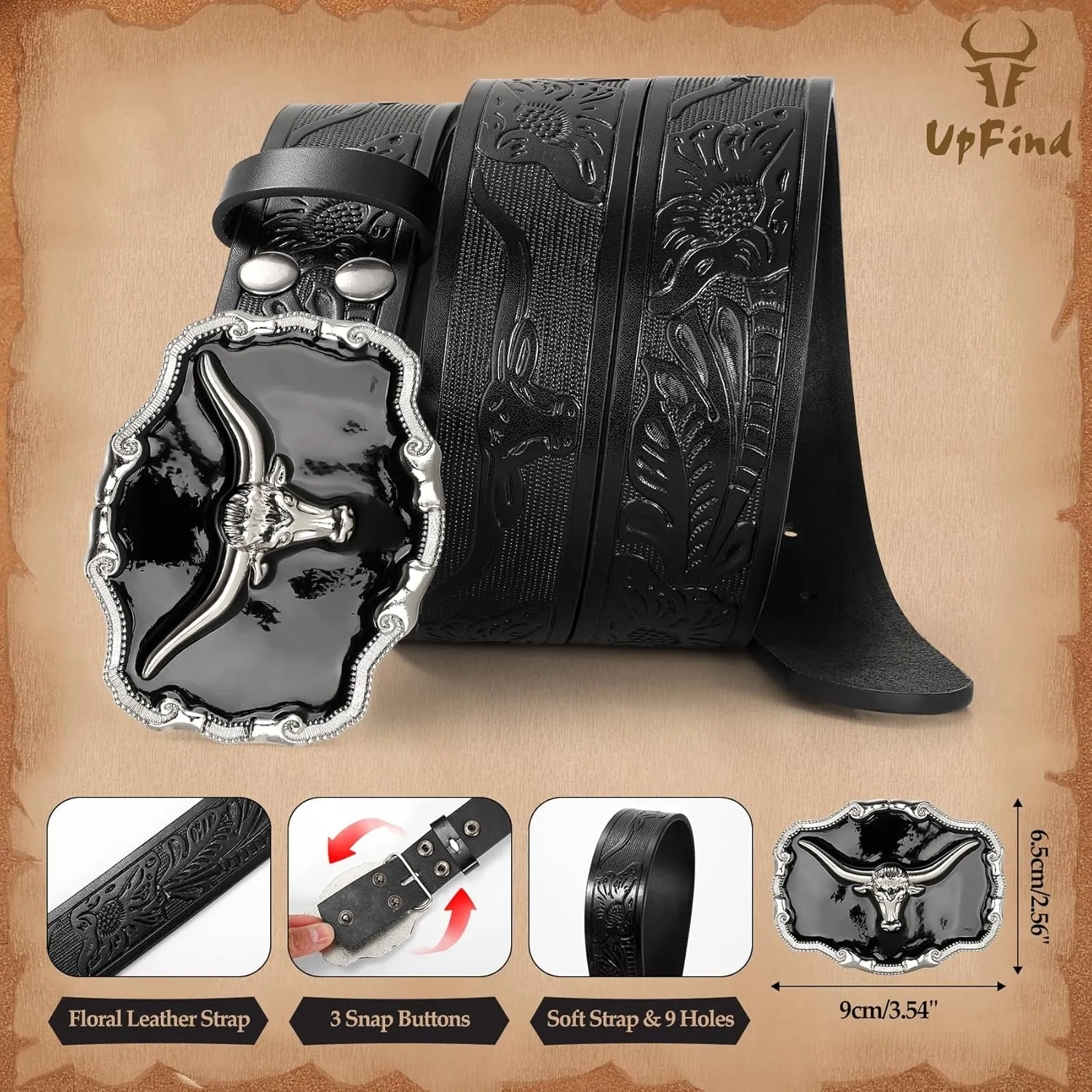 Western Leather Belt for Men Black Cowboy Buckle Belt for Jeans Vintage Country Belt