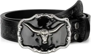 Western Leather Belt for Men Black Cowboy Buckle Belt for Jeans Vintage Country Belt