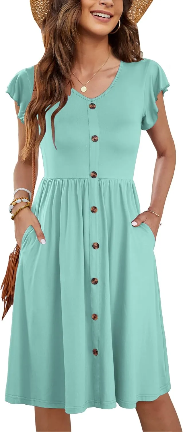 WNEEDU Women Summer Dresses Sleeveless Casual Loose Swing Button Down Midi Dress with Pockets