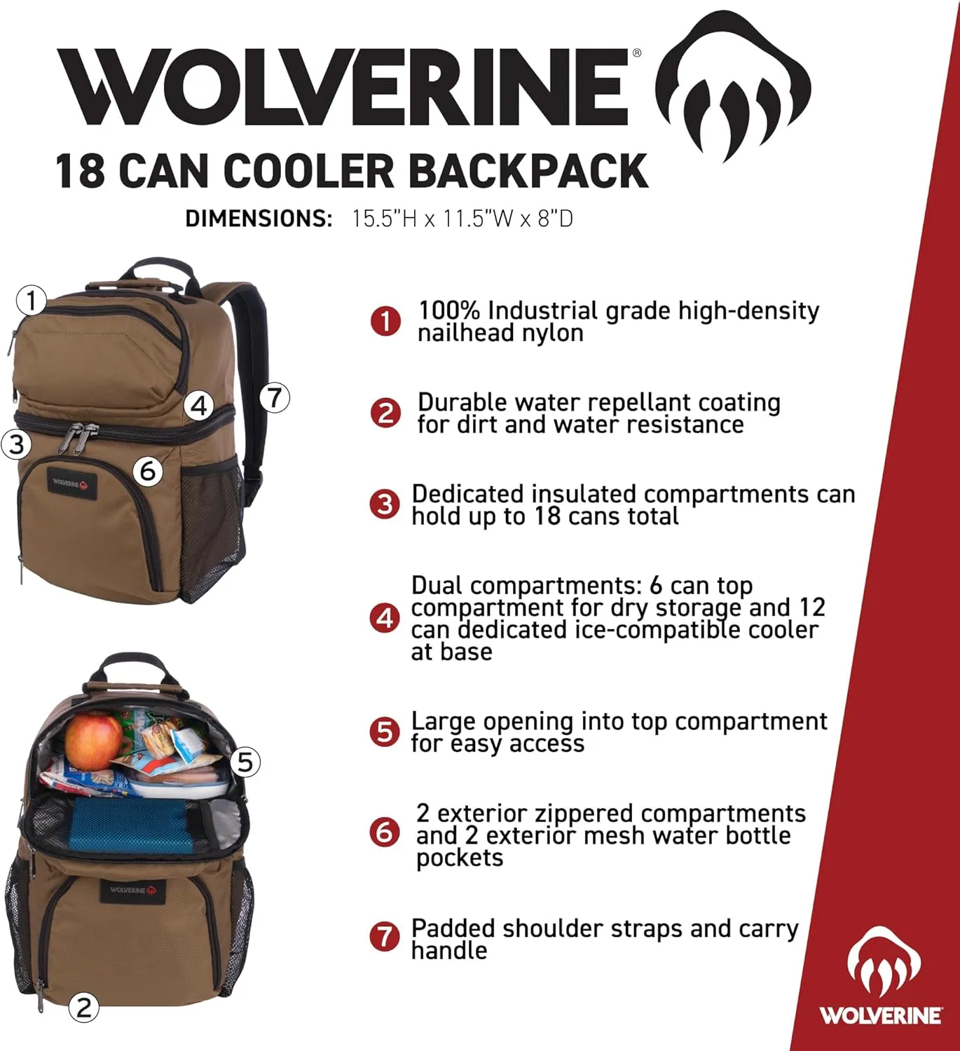 Wolverine 36 Can Cooler Backpack with Durable Nailhead Nylon, Dual Compartment Cooler & Dry Storage, Padded Mesh Back Panel, & Exterior Water Bottle Pockets