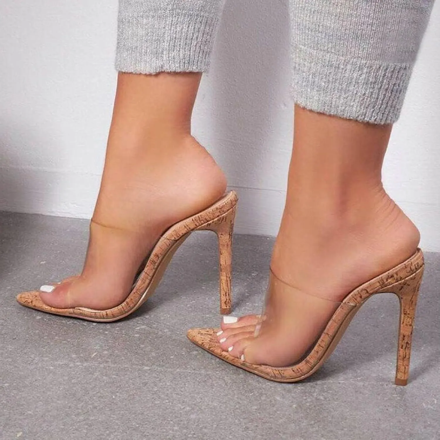 Women Clear Pointed Toe Sandals Fashion Sexy Transparent Strap Stiletto High Heels Slip on Mules Summer Backless Party Wedding Prom Dress Shoes