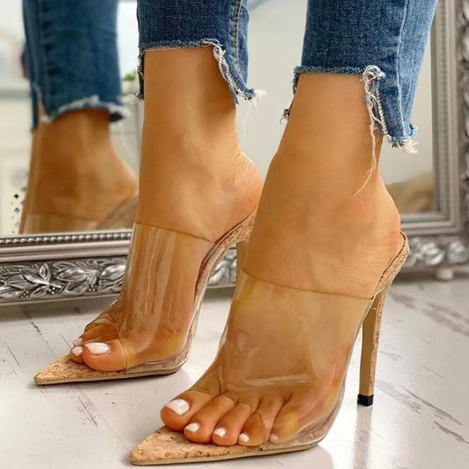 Women Clear Pointed Toe Sandals Fashion Sexy Transparent Strap Stiletto High Heels Slip on Mules Summer Backless Party Wedding Prom Dress Shoes