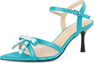 Women Stiletto Heel Sandals Strappy Heels Open Toe Sandals Slingback Heel Sandals Comfort Dressy Pearl Heels Evening Party 3.5 Inch