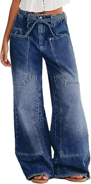 Women Wide Leg Jeans Elastic Mid Waist Belt Baggy Jeans Loose Casual Boyfriend Y2K Denim Pants with Pockets
