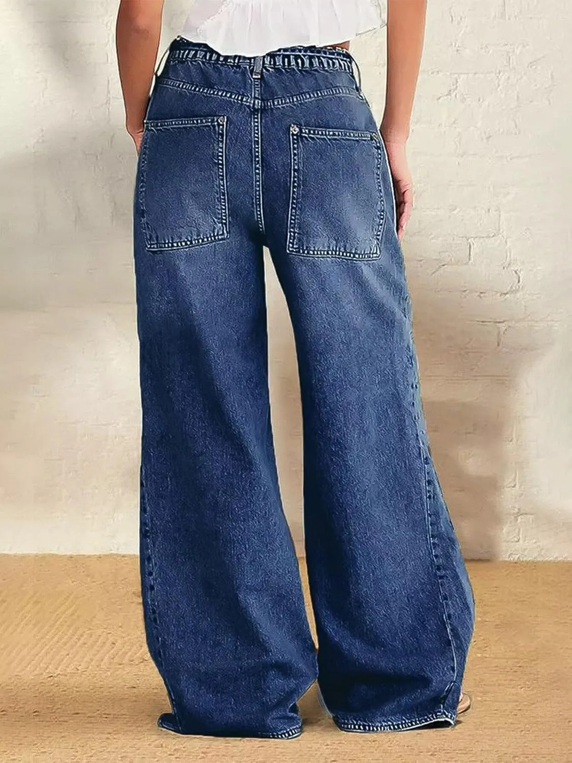 Women Wide Leg Jeans Elastic Mid Waist Belt Baggy Jeans Loose Casual Boyfriend Y2K Denim Pants with Pockets