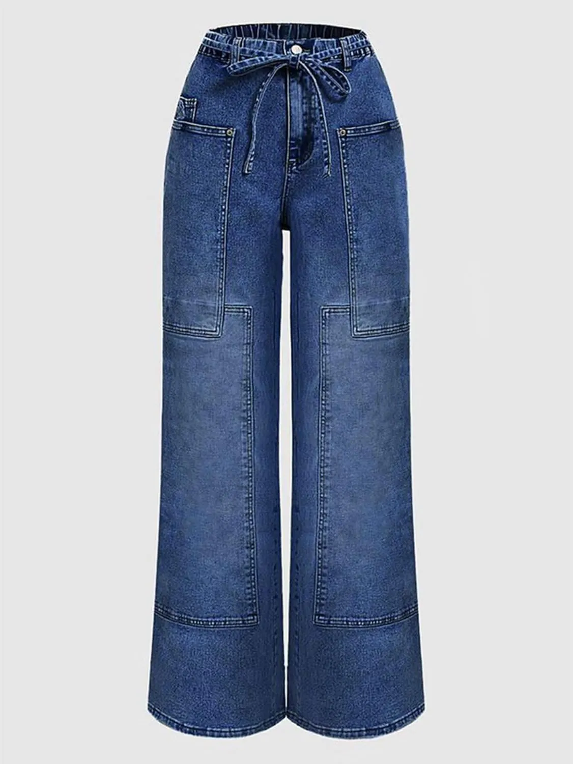 Women Wide Leg Jeans Elastic Mid Waist Belt Baggy Jeans Loose Casual Boyfriend Y2K Denim Pants with Pockets