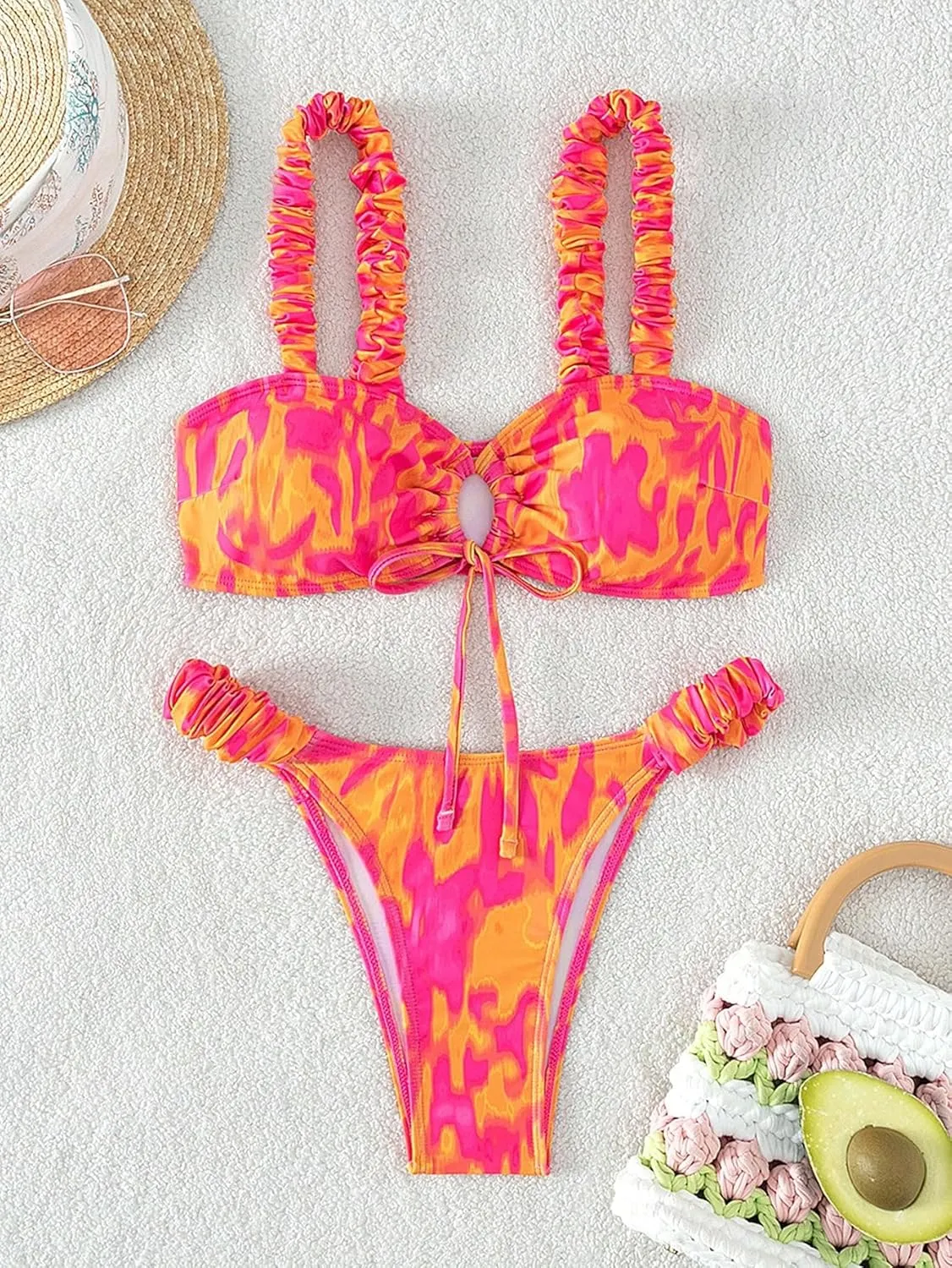 Women's 2 Piece Allover Print Bikini Set Tie Front Wireless Padded Bathing Suit High Cut Swimsuits