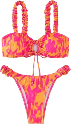 Women's 2 Piece Allover Print Bikini Set Tie Front Wireless Padded Bathing Suit High Cut Swimsuits