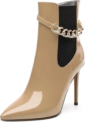 Women's Ankle Boots, Pointed Toe High Heel Short Boots, Side Zip Fashion Chain Strap Ankle High Boot for Women