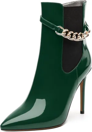 Women's Ankle Boots, Pointed Toe High Heel Short Boots, Side Zip Fashion Chain Strap Ankle High Boot for Women