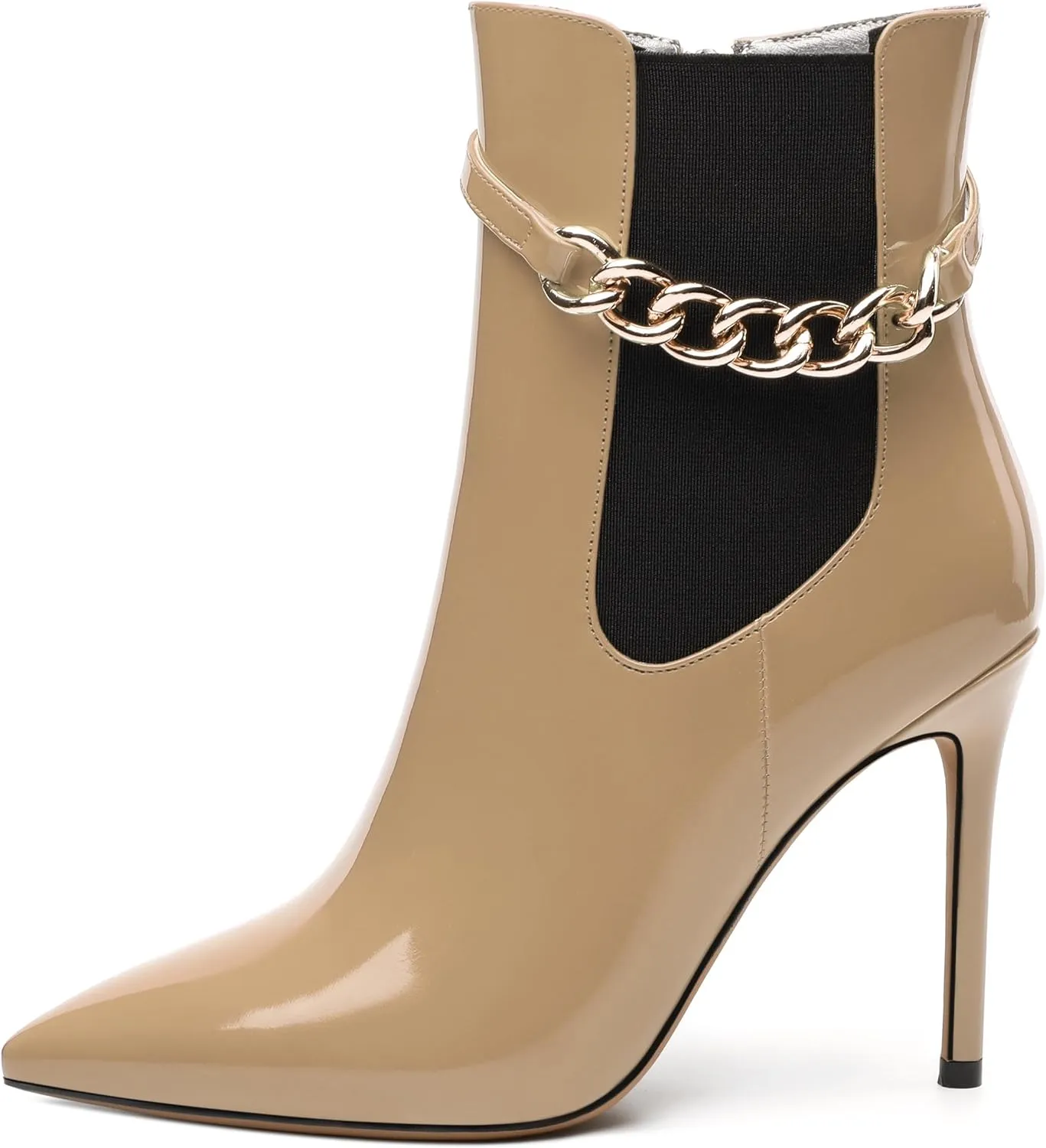Women's Ankle Boots, Pointed Toe High Heel Short Boots, Side Zip Fashion Chain Strap Ankle High Boot for Women