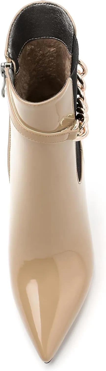 Women's Ankle Boots, Pointed Toe High Heel Short Boots, Side Zip Fashion Chain Strap Ankle High Boot for Women