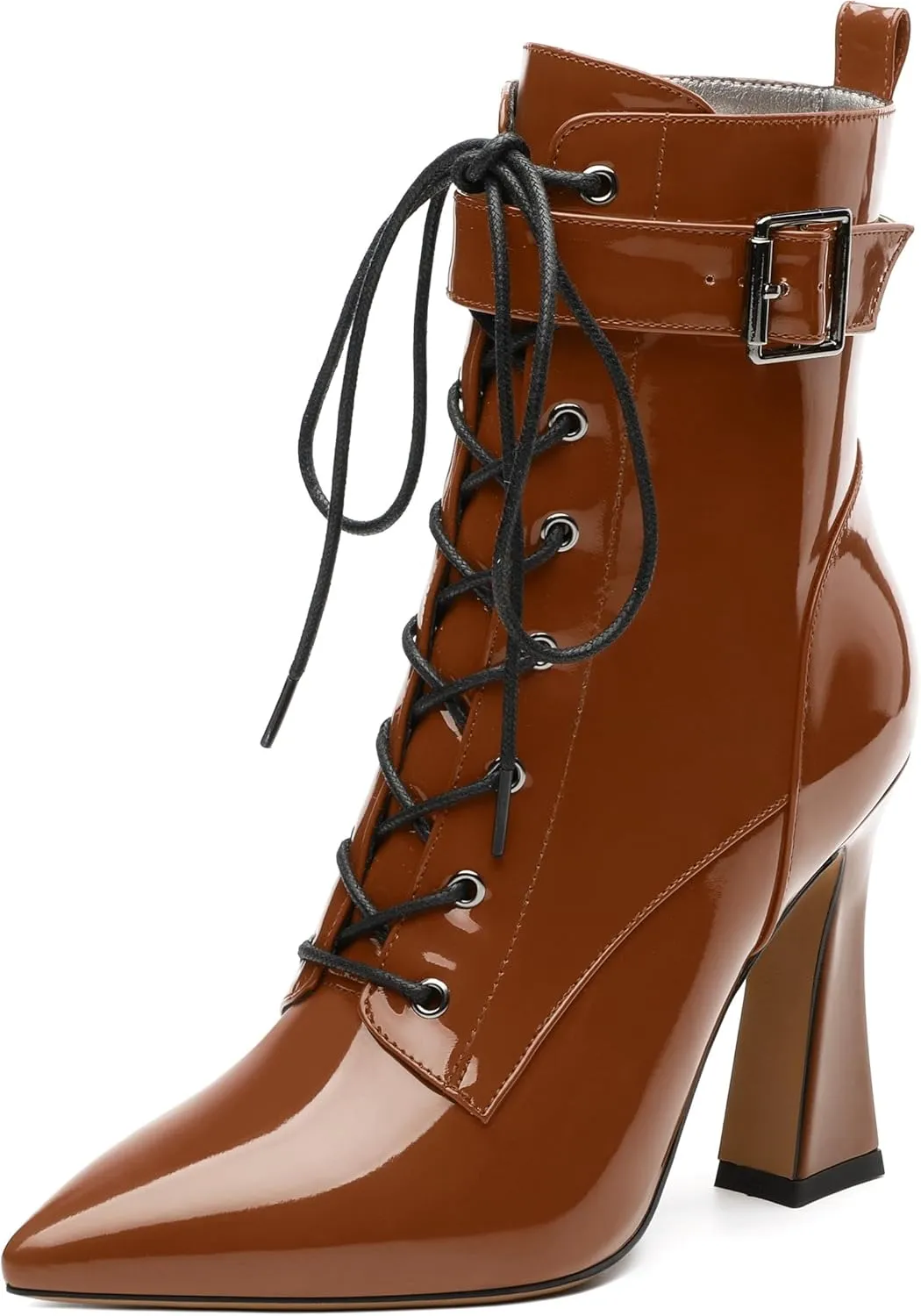 Women's Ankle Boots, Pointed Toe Lace up High Heel Booties, Side Zipper Fashion Solid Short Boot for Women