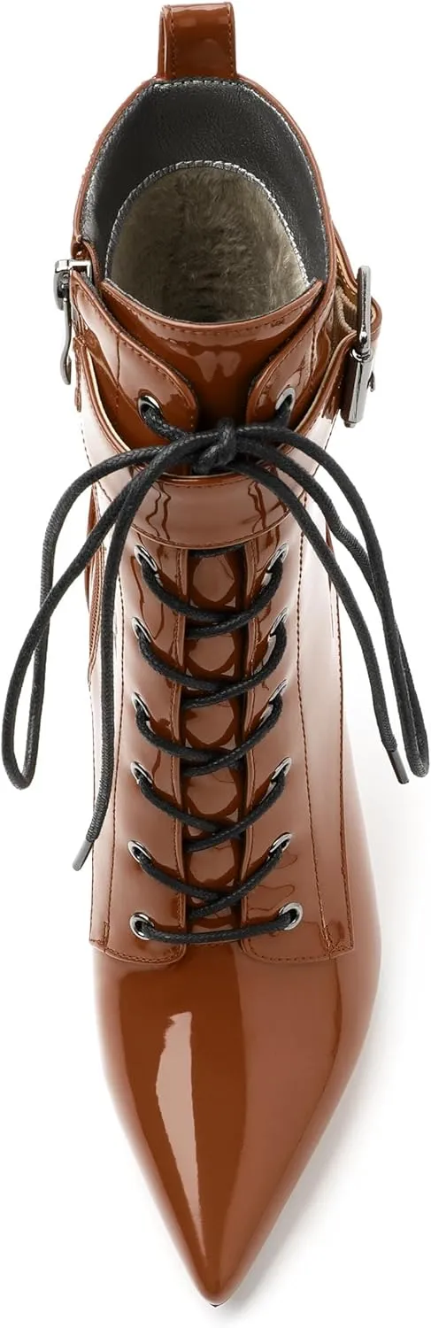 Women's Ankle Boots, Pointed Toe Lace up High Heel Booties, Side Zipper Fashion Solid Short Boot for Women