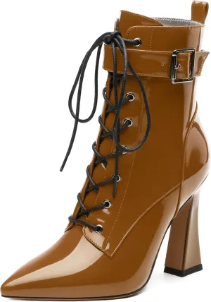 Women's Ankle Boots, Pointed Toe Lace up High Heel Booties, Side Zipper Fashion Solid Short Boot for Women