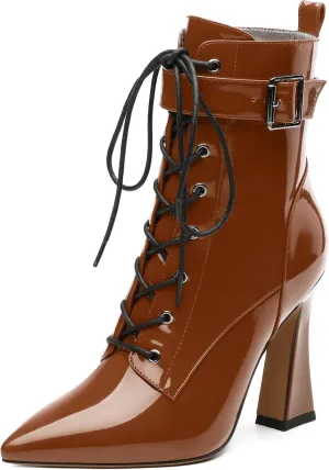 Women's Ankle Boots, Pointed Toe Lace up High Heel Booties, Side Zipper Fashion Solid Short Boot for Women