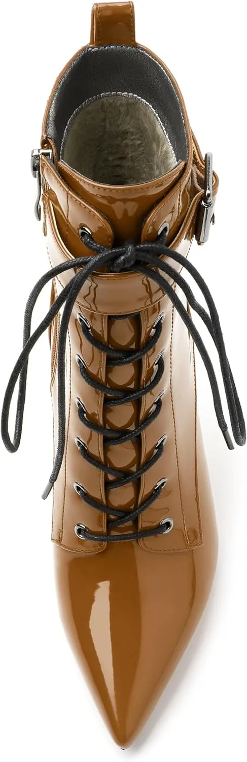 Women's Ankle Boots, Pointed Toe Lace up High Heel Booties, Side Zipper Fashion Solid Short Boot for Women