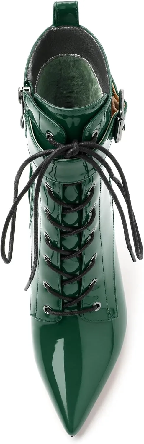 Women's Ankle Boots, Pointed Toe Lace up High Heel Booties, Side Zipper Fashion Solid Short Boot for Women