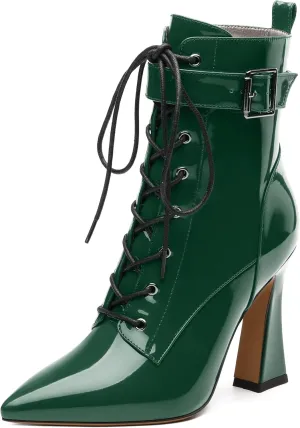 Women's Ankle Boots, Pointed Toe Lace up High Heel Booties, Side Zipper Fashion Solid Short Boot for Women