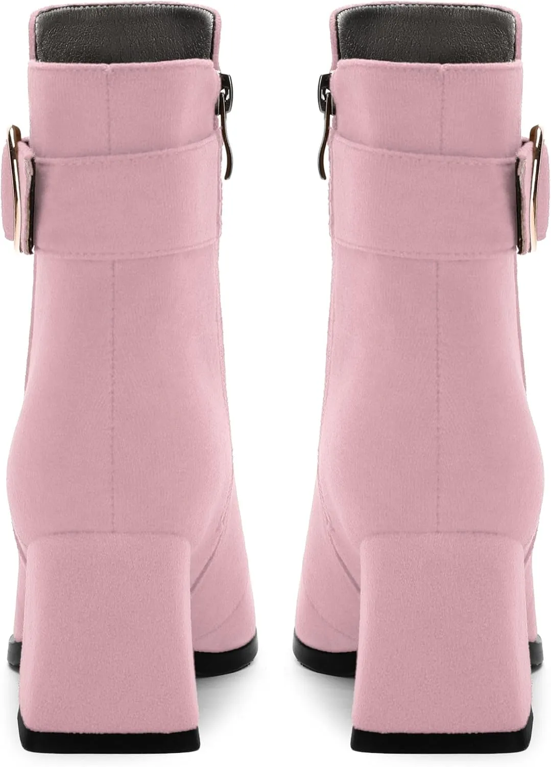 Women's Black Square Toe Mid Heel Ankle Booties with Side Zipper, Fashion Buckle Strap Ankle Boots for Women