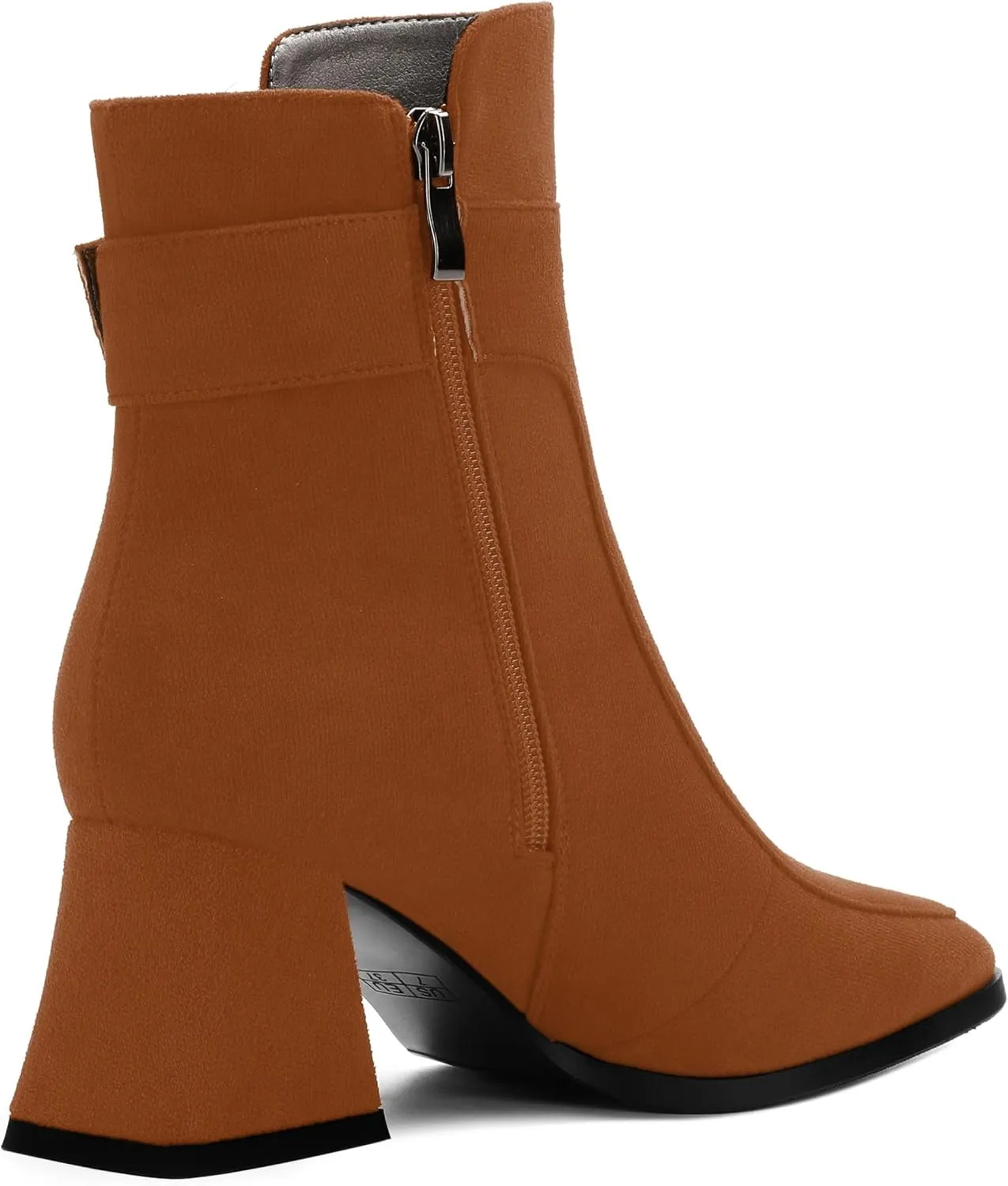 Women's Black Square Toe Mid Heel Ankle Booties with Side Zipper, Fashion Buckle Strap Ankle Boots for Women