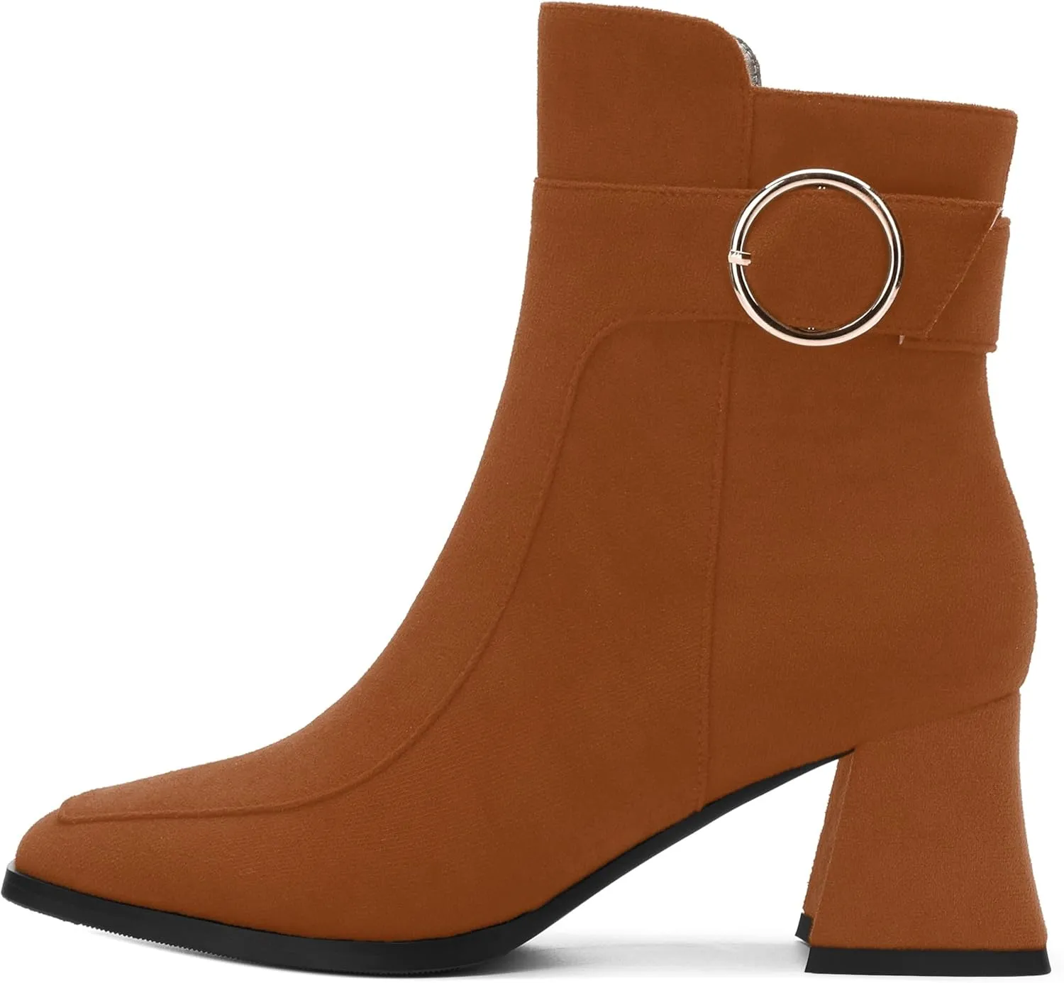 Women's Black Square Toe Mid Heel Ankle Booties with Side Zipper, Fashion Buckle Strap Ankle Boots for Women
