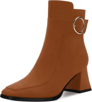 Women's Black Square Toe Mid Heel Ankle Booties with Side Zipper, Fashion Buckle Strap Ankle Boots for Women