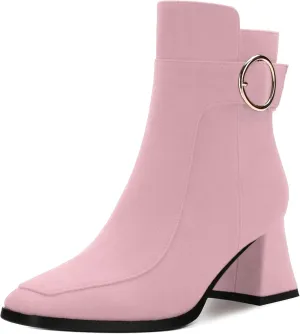 Women's Black Square Toe Mid Heel Ankle Booties with Side Zipper, Fashion Buckle Strap Ankle Boots for Women