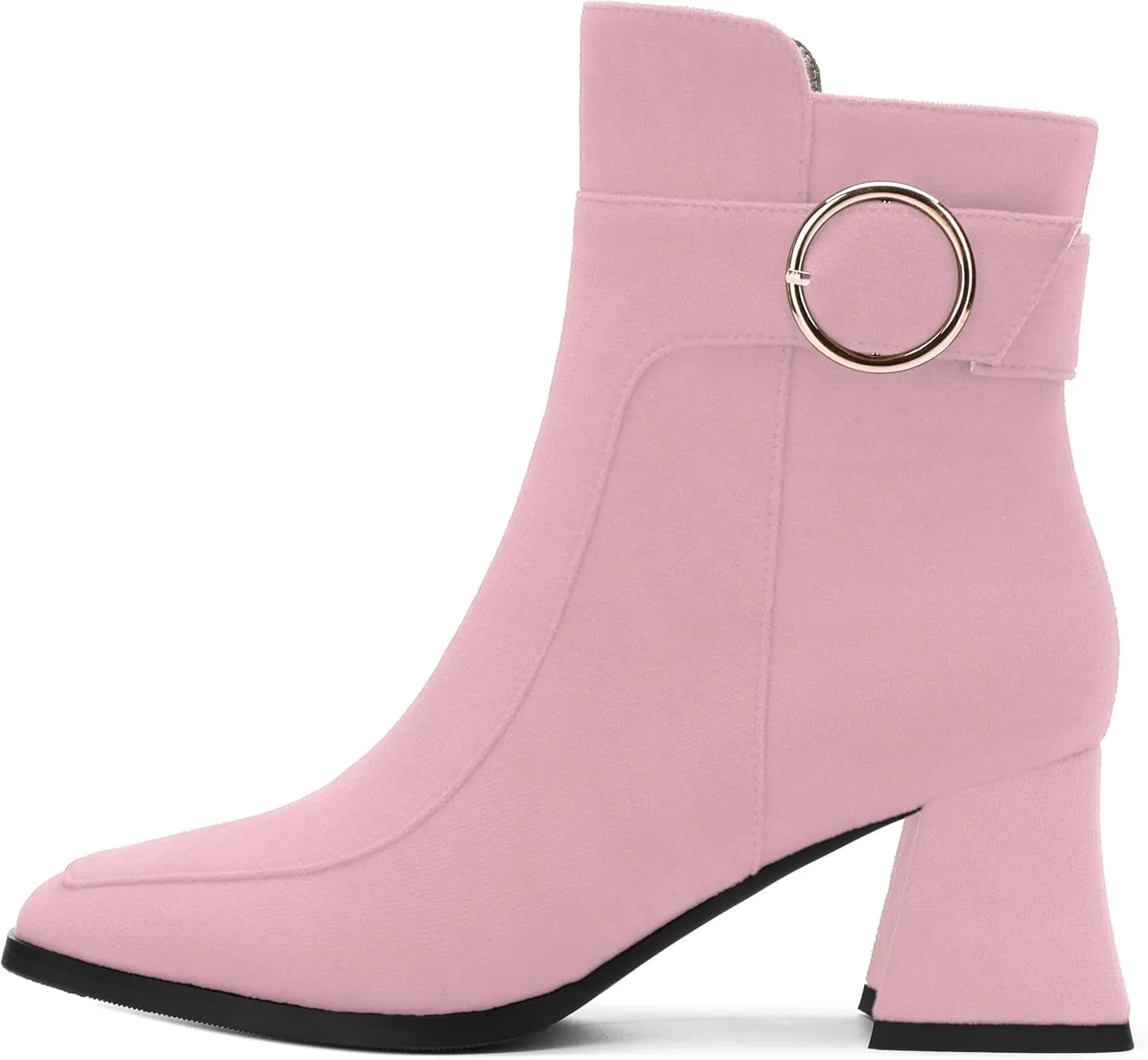 Women's Black Square Toe Mid Heel Ankle Booties with Side Zipper, Fashion Buckle Strap Ankle Boots for Women