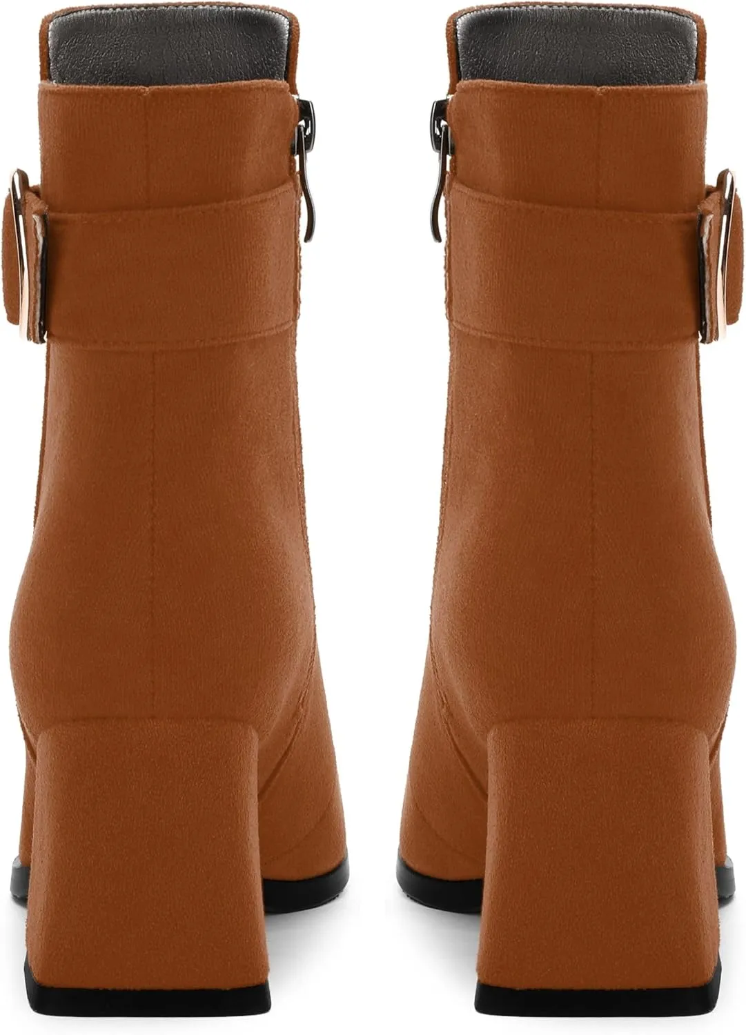 Women's Black Square Toe Mid Heel Ankle Booties with Side Zipper, Fashion Buckle Strap Ankle Boots for Women