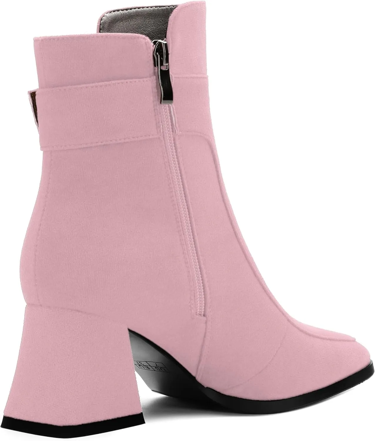 Women's Black Square Toe Mid Heel Ankle Booties with Side Zipper, Fashion Buckle Strap Ankle Boots for Women