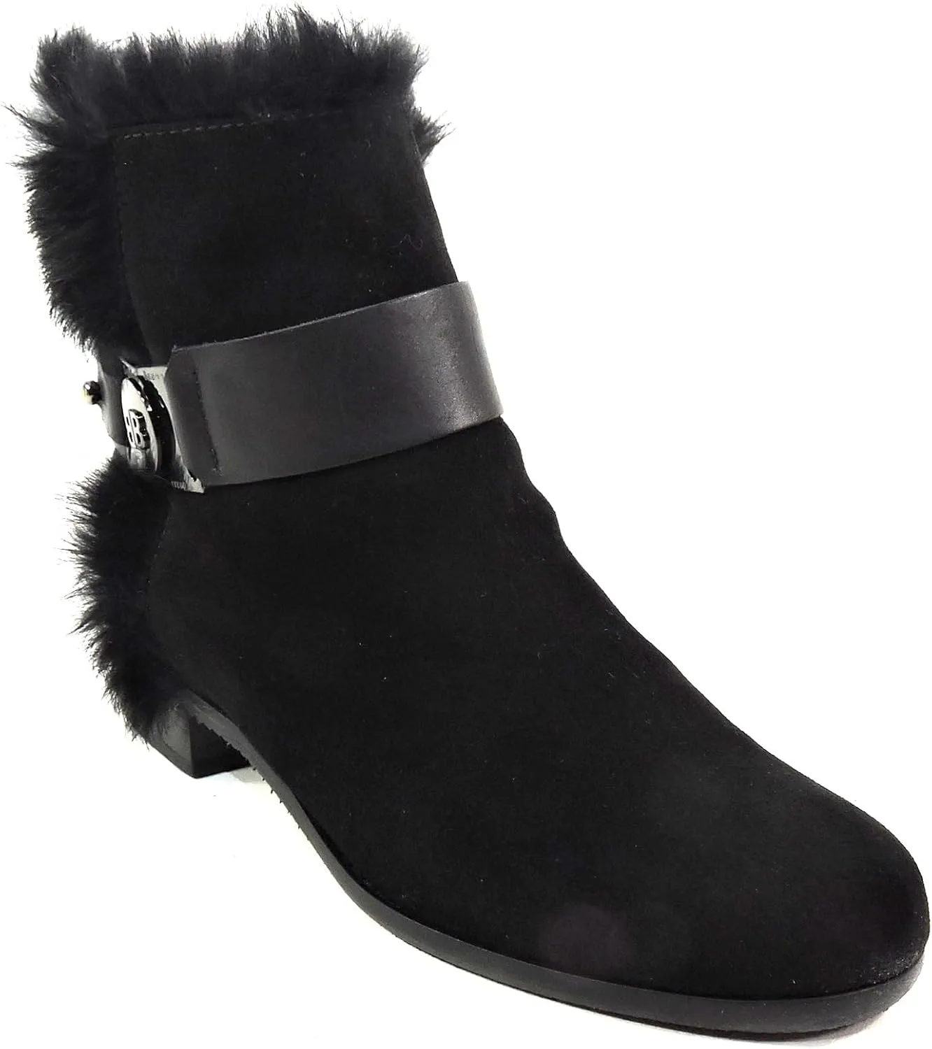 Women's Black Suede Chelsea Boots with Fur Lining and Buckle Detail