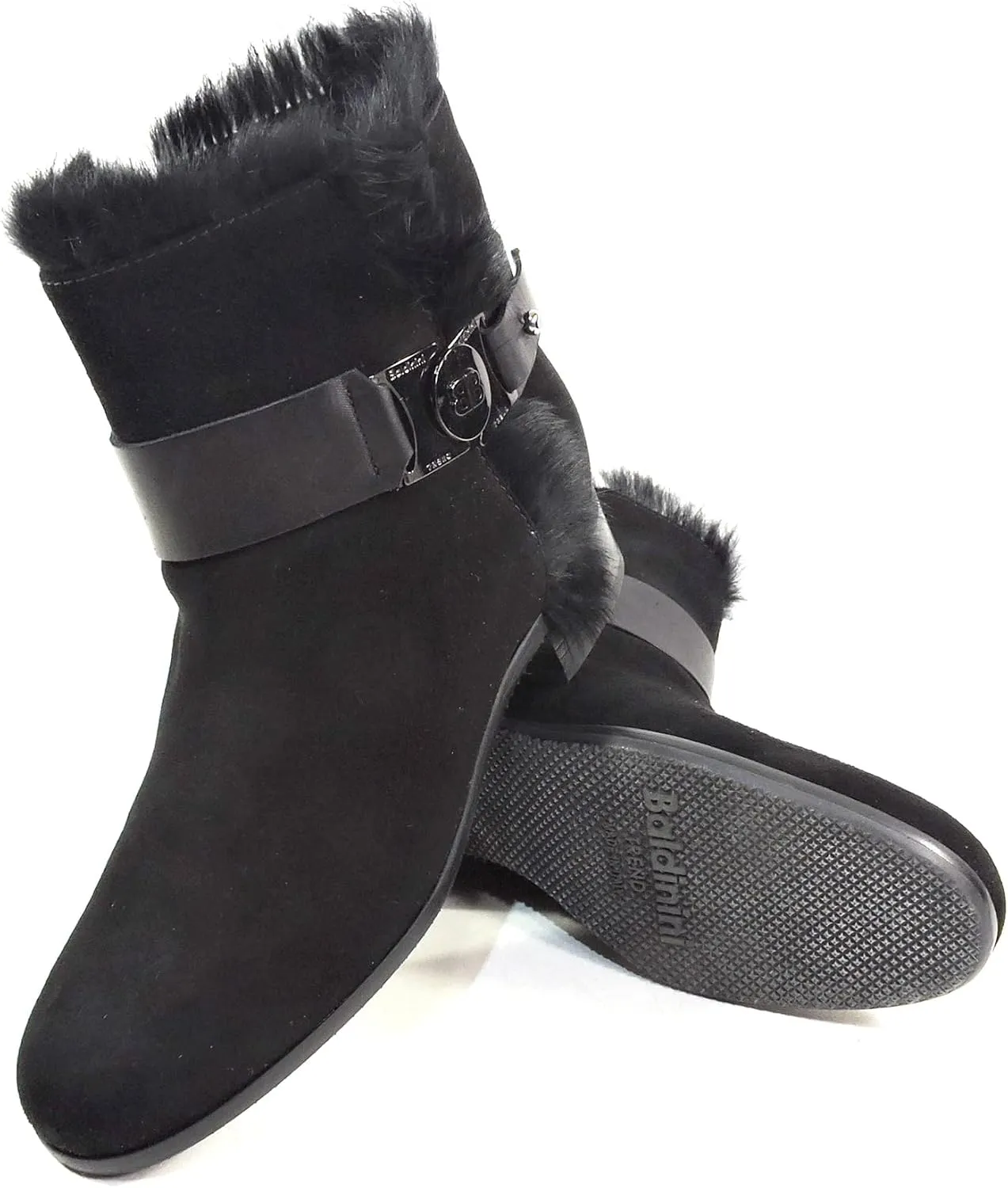Women's Black Suede Chelsea Boots with Fur Lining and Buckle Detail