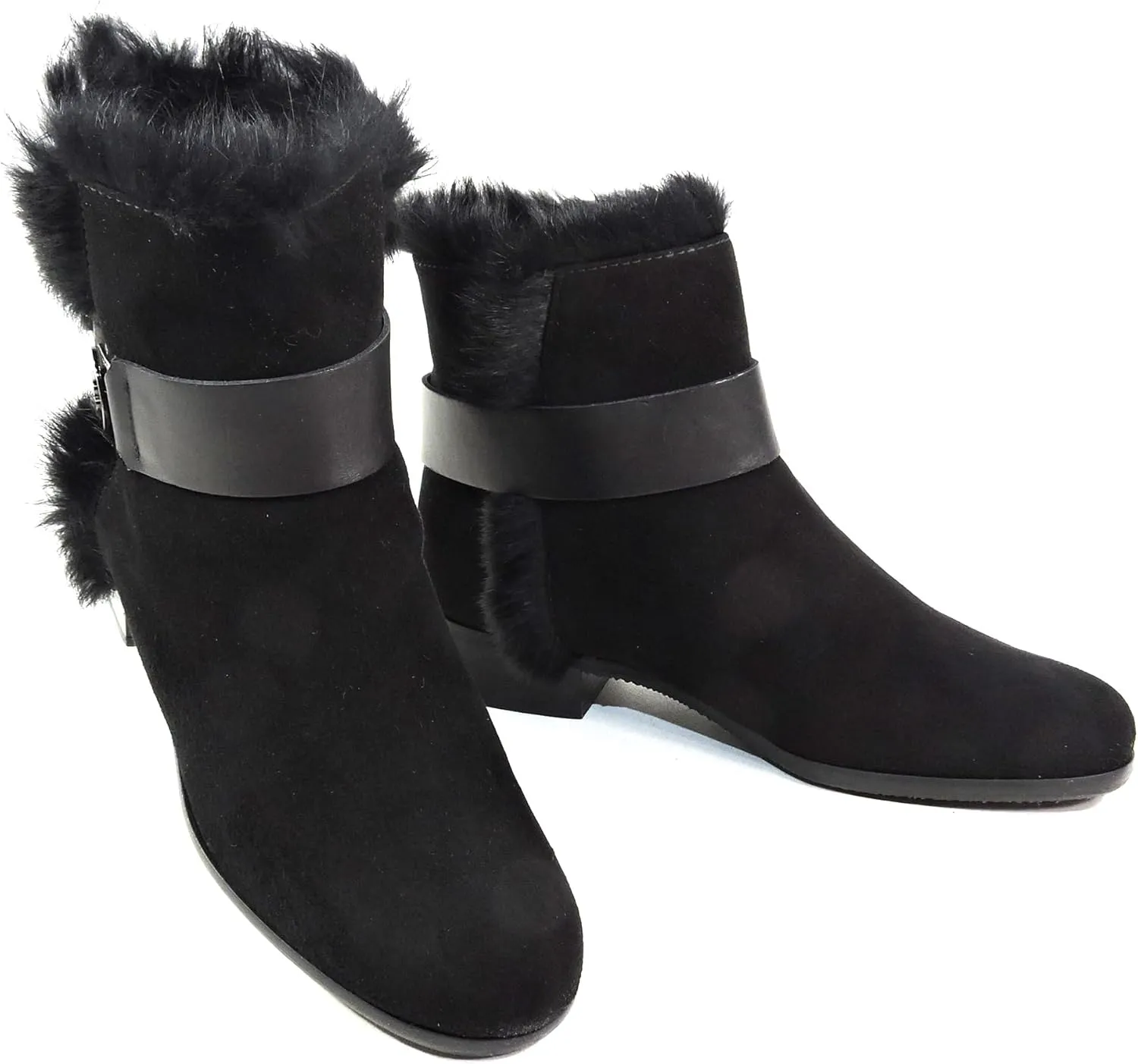 Women's Black Suede Chelsea Boots with Fur Lining and Buckle Detail