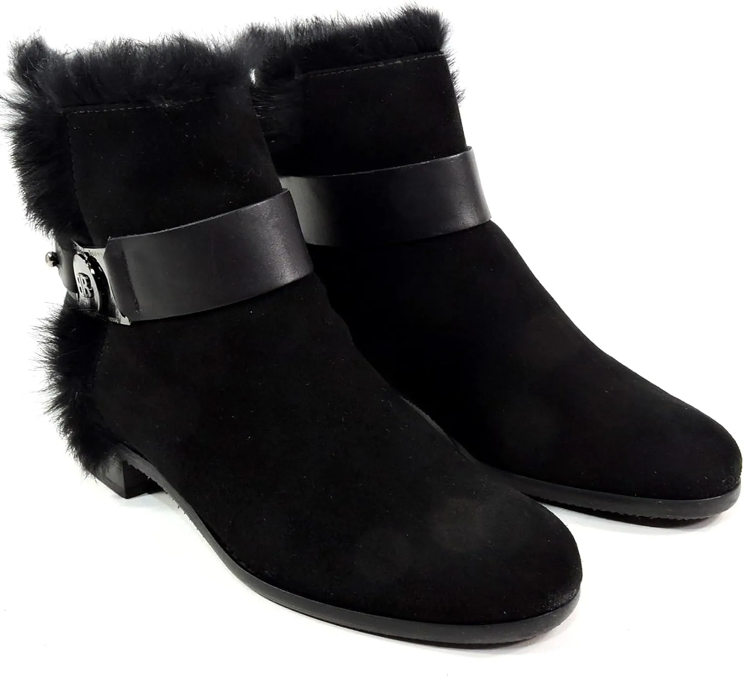 Women's Black Suede Chelsea Boots with Fur Lining and Buckle Detail