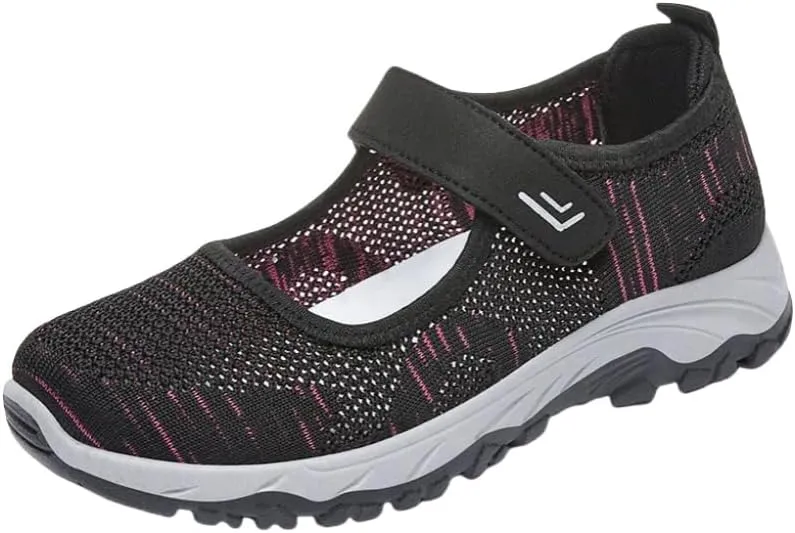 Women's Breathable Knit Sneakers - Casual Low-Top Running & Walking Shoes with Hook-and-Loop Fastener Closure, Comfortable Rubber Sole