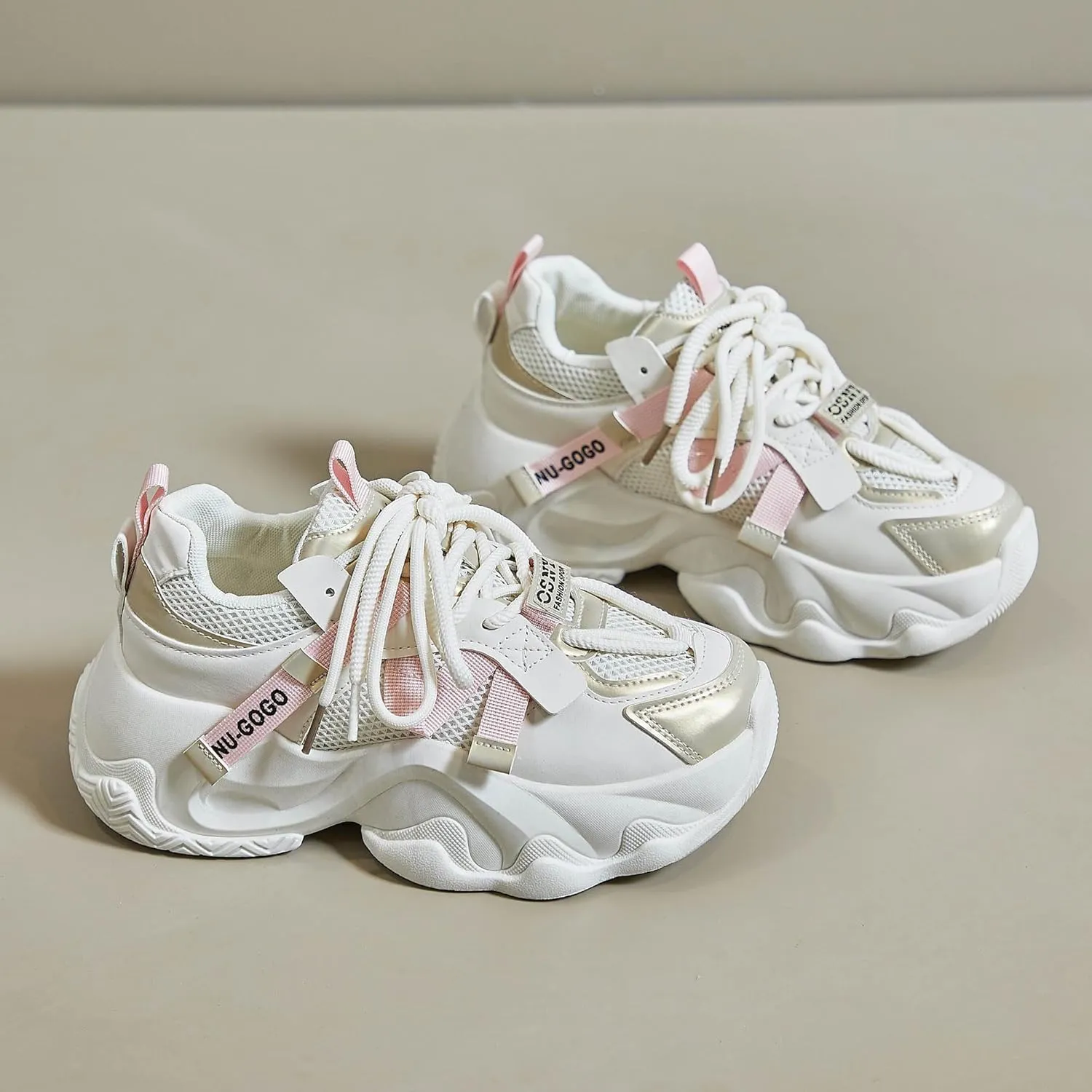 Women's Chunky Platform Sneakers Breathable Mesh Athletic Walking Shoes Retro Lace Up Casual Sneakers