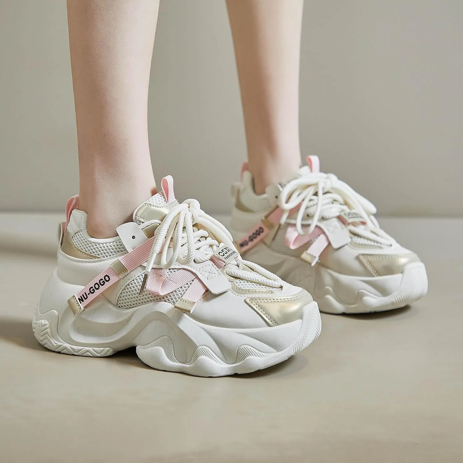 Women's Chunky Platform Sneakers Breathable Mesh Athletic Walking Shoes Retro Lace Up Casual Sneakers